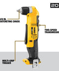 Close-up of 20V Max Cordless Tool Combo Kit Right Angle Drill with yellow body and black grip features like ratcheting chuck.