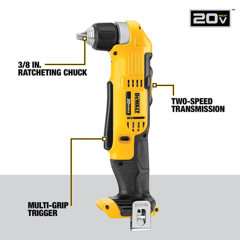 Close-up of 20V Max Cordless Tool Combo Kit Right Angle Drill with yellow body and black grip features like ratcheting chuck.