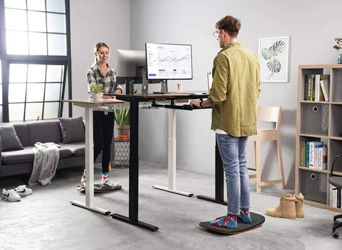Standing Desk Mat With Anti Fatigue Bar And Wooden Wobble Balance Board For Ergonomic Comfort And Active Office Or Home Use showcased in work setting