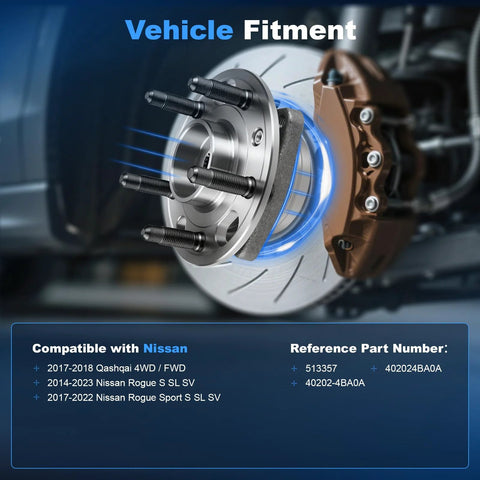 Front Left Or Right Wheel Bearing And Hub Assembly For Nissan Rogue 2014 To 2023 Rogue Sport 2017 To 2022 Qashqai 2017 To 2018 Direct Fit Replacement 513357 installed view
