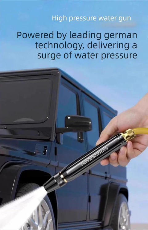 High Pressure Car Wash Gun With Booster Nozzle And Hose Set For Household Cleanup spraying water on black SUV