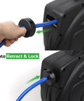 User adjusting Elite Retractable Air Hose Reel With Three Eighth Inch By Fifty Foot PU Hose Light Yet Tough As Nails Built