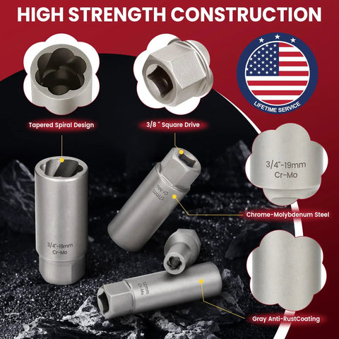 Deep Well Bolt Extractor Kit With 3/8 Inch Adapter No Fuss EZ Out Socket Set showcasing chrome-molybdenum steel sockets.