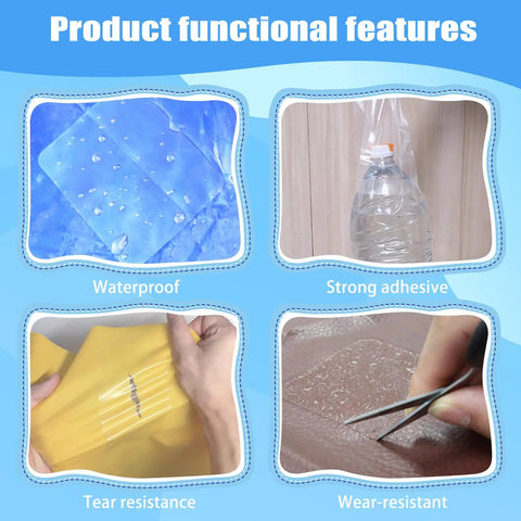 Image shows features of 'Waterproof Repair Tape For Fabric, Vinyl Siding Repair Kit, Screen Patch Tape, Air Mattress Patch Kit' demonstrating waterproof, strong adhesive, tear resistance, and wear-resistance.