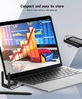 Wireless HDMI 2 Receiver Transmitter Kit with laptop showing charts and compact device dimensions, for seamless screen casting.