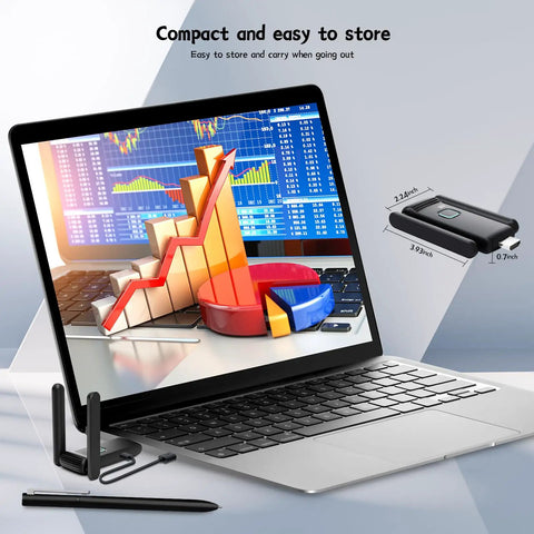 Wireless HDMI 2 Receiver Transmitter Kit with laptop showing charts and compact device dimensions, for seamless screen casting.
