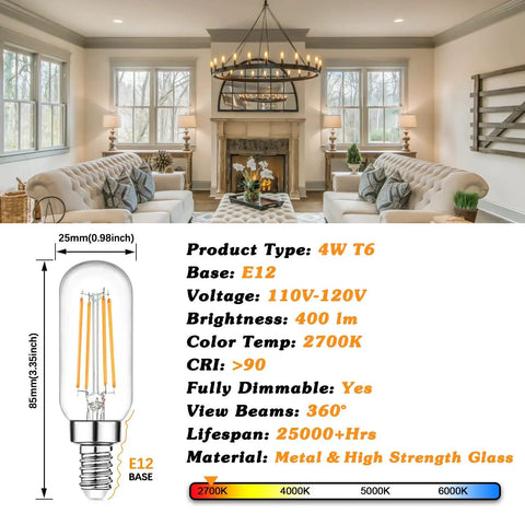 LED Candelabra Bulbs 40W Equivalent Dimmable 2700K Warm White Clear T6 Vintage Filament 4W 400lm E12 Small Bulbs for Chandeliers and Ceiling Fans Tubular T25 Style Cozy Glow That Pairs with Lutron and Other Dimmers 6 Pack