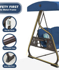 Close-up of Three Seat Patio Porch Swing With Canopy And Adjustable Backrest highlighting features like sturdy frame and non-slip feet.