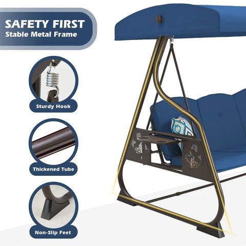 Close-up of Three Seat Patio Porch Swing With Canopy And Adjustable Backrest highlighting features like sturdy frame and non-slip feet.