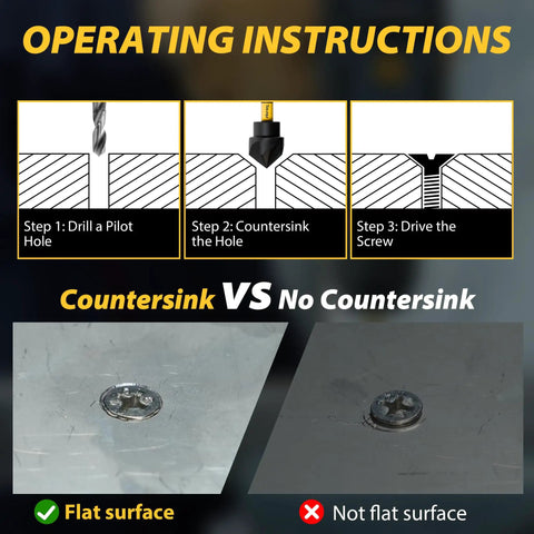 Instructions showing drilling and countersinking steps with comparison of flat vs non-flat screw installation surface.