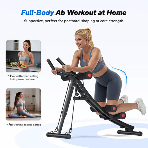 Woman using Adjustable Dual Track Ab Machine For Home Gym Core Training And Cardio Fat Burn to strengthen her abs.