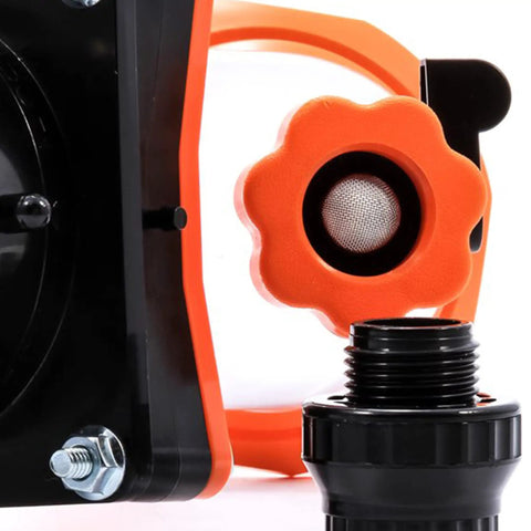 Close-up of Rhino Blaster Pro Holding Tank Rinser With Gate Valve for RV Sewer Cleanup showing orange valve and connector