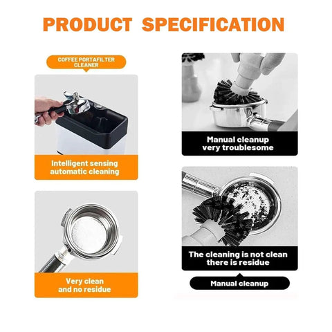 Product specification images showing features of the Straight Up Slick Electric Espresso Knock Box With Auto Portafilter Cleaner.