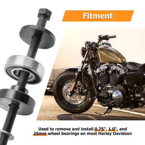 Wheel bearing removal/installation kit with 0.75, 1.0 and 25mm bearings; metal tool shaft shown beside Harley motorcycle