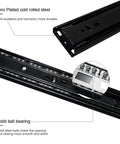 Rock Solid 22 Inch Full Extension Ball Bearing Drawer Slides Four Pairs Side Mount Heavy Duty Cabinet Hardware With Buttery Smooth Glide And 100 Lb Capacity Black, showing zinc plated cold rolled steel construction.