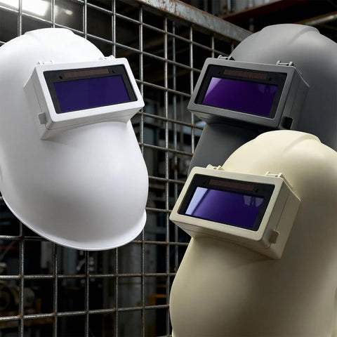 Three welding helmets with Auto Darkening Welding Lens Shade 11 With True Color Blue Technology on display rack.