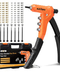 One-Handed 9.5 Inch Rivet Nut Tool Kit with 8 mandrels and 80 nuts in blow molded case, orange tool shown with accessories