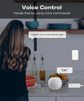 Smart Light Switch Starter Kit With Bridge No Wiring Needed Snap On Over Existing Toggle Or Rocker Easy Installation Works With Apple HomeKit Google Assistant Alexa SmartThings Two Point Four GHz WiFi Compatible, illustrating voice control with smart home device and user in kitchen.