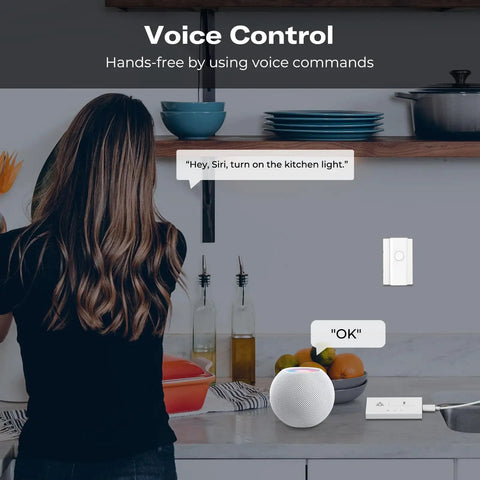 Smart Light Switch Starter Kit With Bridge No Wiring Needed Snap On Over Existing Toggle Or Rocker Easy Installation Works With Apple HomeKit Google Assistant Alexa SmartThings Two Point Four GHz WiFi Compatible, illustrating voice control with smart home device and user in kitchen.