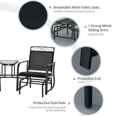 Two-Seat Outdoor Glider Chair Set with Coffee Table featuring breathable mesh seats and durable steel frame details.