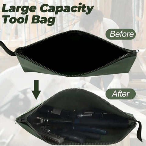 12 Pack Canvas Tool Bags With Zippers Heavy Duty 16 Oz Utility Pouches Multipurpose Storage Organizers For Tools Stationery Crafts Electronics Home And Workshop Army Green 11.8 By 7.9 Inches open with tools inside showing before and after storage capacity