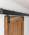 Built To Last Heavy Duty Box Rail Sliding Barn Door Hardware Kit With Wall Mount Track System 6.6 Feet Rail shown installed