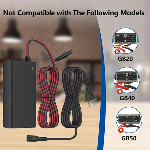 High Performance Replacement Fast Charger For Noco Boost Jump Starters GB70 GB150 GB250 Plus with red and black cables.