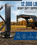 Heavy Duty Weld On Trailer Jack For Utility Trailers With 12000 Lbs Hold showing 12,000 lbs capacity and 26 inch drop travel in black finish.
