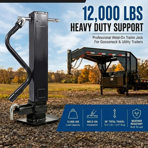 Heavy Duty Weld On Trailer Jack For Utility Trailers With 12000 Lbs Hold showing 12,000 lbs capacity and 26 inch drop travel in black finish.