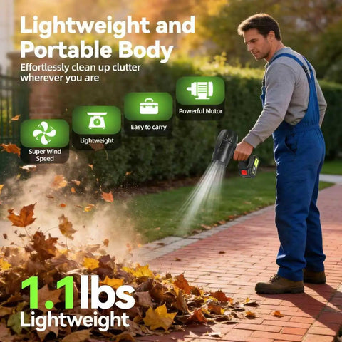 Man using 100000 RPM Cordless Leaf Blower With Dual 3Ah Batteries And Fast Charger for blowing leaves on sidewalk