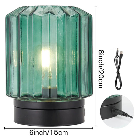 Battery Operated Table Lamp 8 Inch Cordless LED Lantern With 6 Hour Timer For Indoor Outdoor Decor USB Power Cable Included Glass Shade On Black Metal Base Party Ready For Events