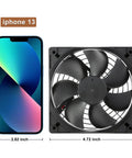 Two Pack IP67 Waterproof Silent 12V DC Cooling Fans 120mm by 25mm next to smartphone for size comparison