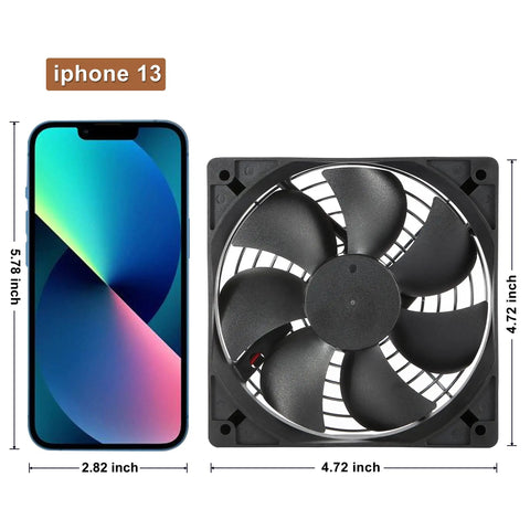 Two Pack IP67 Waterproof Silent 12V DC Cooling Fans 120mm by 25mm next to smartphone for size comparison