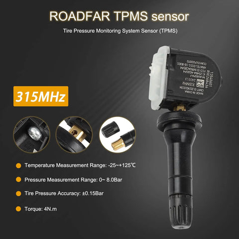Rock Solid 315MHz TPMS Sensor Compatible With Chevy Silverado Tahoe Equinox Cruze Buick Cadillac GMC 13540601 showing sensor details and features.