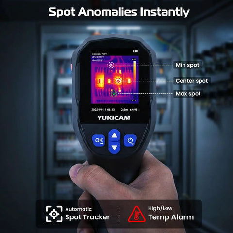 Handheld Infrared Thermal Imaging Camera With 240x240 Sensor And Dual Light Fusion, 25Hz Scan in use for electrical inspection.