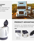 Road Trip Ready 12V Electric Hot Water Kettle with stainless steel interior, 1.0L capacity, auto shutoff feature and secure lock lid.