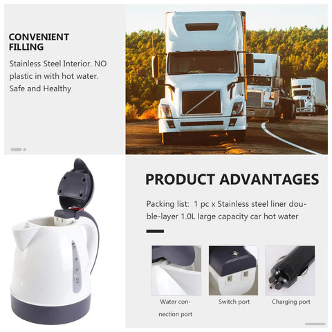 Road Trip Ready 12V Electric Hot Water Kettle with stainless steel interior, 1.0L capacity, auto shutoff feature and secure lock lid.
