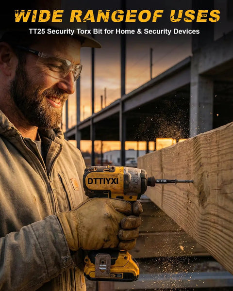 Worker using Torx Star Punch And Security Bit Set, 13-Piece, S2 Steel Tamper-Proof Bits With Center Hole for drilling wood.