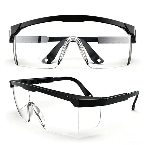 Heavy Duty Anti Fog Safety Glasses With Legit Clear Polycarbonate Lenses And Adjustable Temple Arms For Zero Eye Strain and Scratch Proof Shield, front and side views.