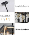 Close-up of farmhouse pendant light fixture showing strong hooks, Edison 26 bulbs, manual brush paint, solid steel construction.