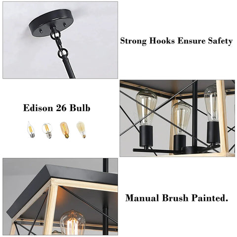 Close-up of farmhouse pendant light fixture showing strong hooks, Edison 26 bulbs, manual brush paint, solid steel construction.