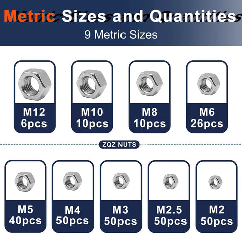 2 In 1 SAE And Metric Hex Nut Set In Stainless Steel 510 Piece Nut Kit With Inch And Metric Threads From 2 To 10 And From M2 To M12
