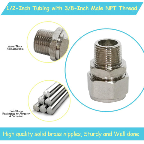 Front view of M8001 nickel-plated brass straight 1/2-in tubing to 3/8-in male NPT fitting with double O-ring