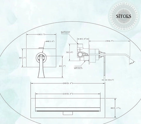 Technical drawing of High Flow Wall Mount Tub Filler With Single Lever Large Waterfall Spout CUPC Certified Brushed Gold Finish
