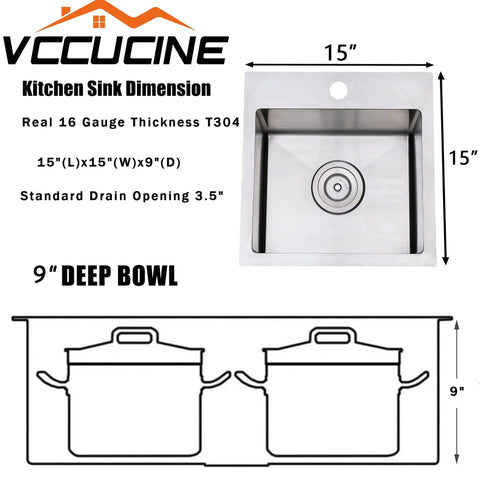 Diagram of Drop In Bar Sink For RV Kitchen 15x15 Topmount Wet Bar, Single Bowl, Handcrafted 18 Gauge SUS304 Stainless Steel