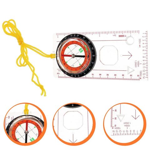 Multifunction Hiking Map Compass Ruler For Outdoors With Directional Pointer and yellow lanyard, close-up details view.