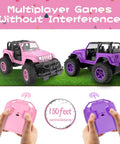 Pink DIY Sticker RC Jeep for Girls with 2.4Ghz Remote Control, showing multiplayer feature and 150 feet control range.