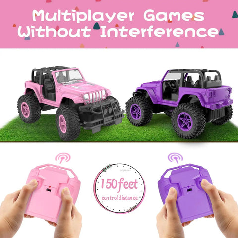 Pink DIY Sticker RC Jeep for Girls with 2.4Ghz Remote Control, showing multiplayer feature and 150 feet control range.