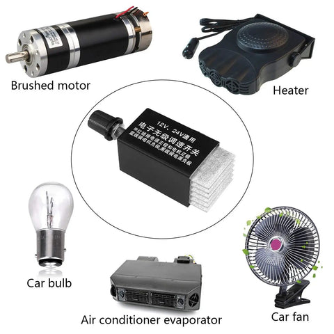 Universal 12V And 24V Motor Speed Controller Electronic Stepless Regulator Switch for car, truck, fan, heater control display.