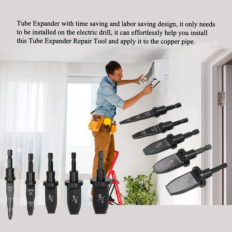 5Pcs Hex Handle AC Copper Pipe Swaging Tool Set High Speed Steel Tube Expander Drill Bits For HVAC Installers on worker's drill.